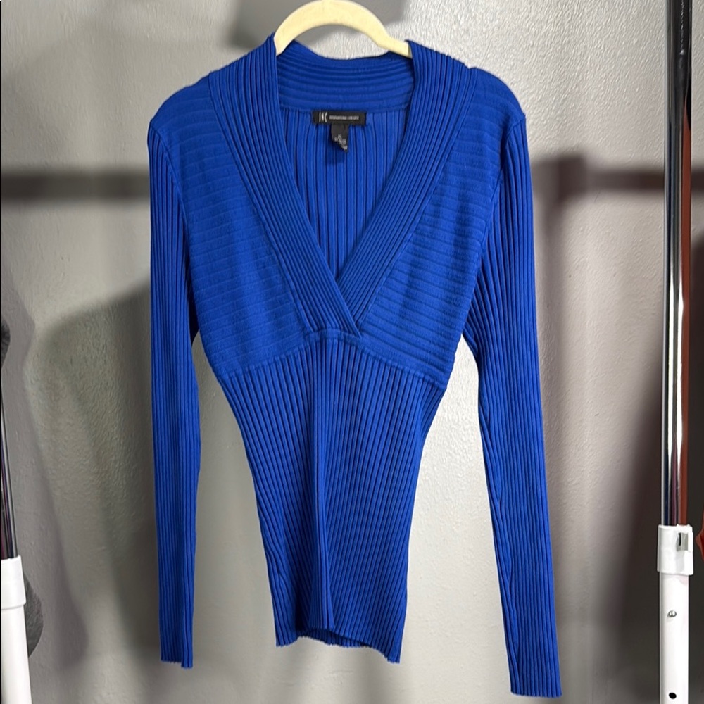 INC Blue Ribbed V-Neck Sweater